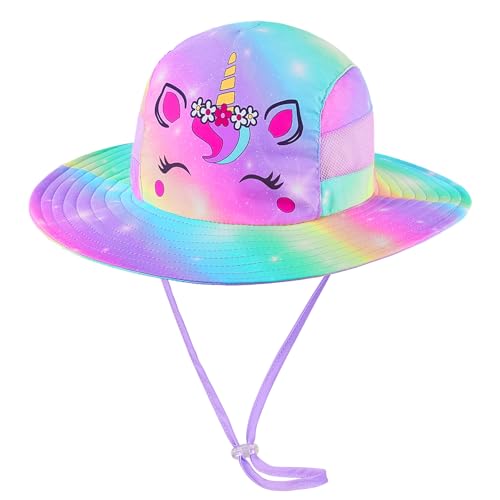 ICOSY Sun Hat for Kids Girls, UPF 50+ Wide Brim Beach Hat for Toddler - color: Rainbow Unicorn