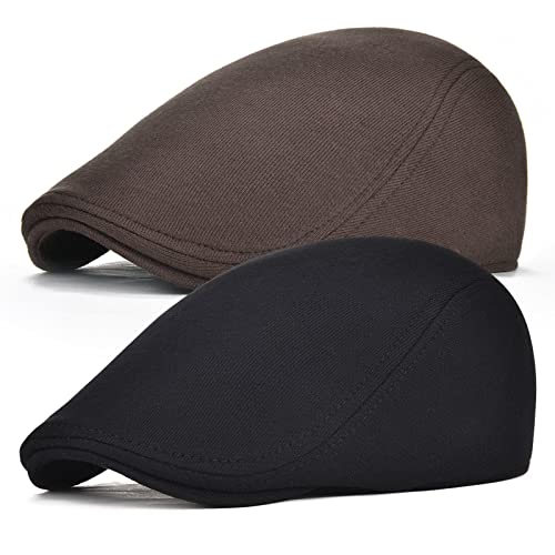 FEINION Men Cotton Newsboy Cap Soft Fit Cabbie Hat - color: Black/Brown