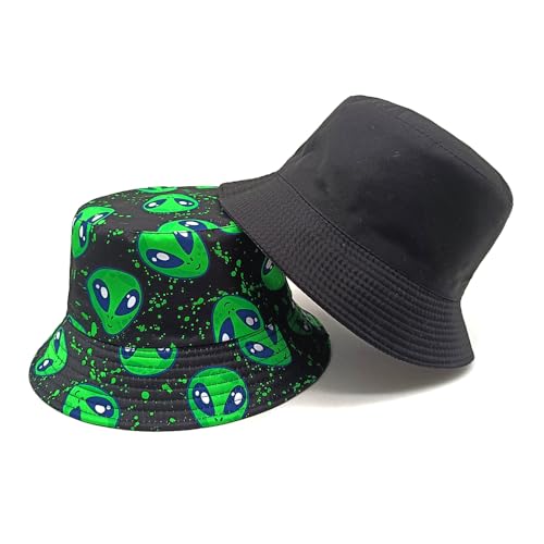 Quanhaigou Reversible Printed Bucket Hat,Summer Beach Outdoor Cap - color: Neon Green Alien