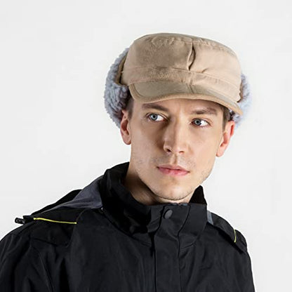 Winter Windproof Ear Flap Hats Denim Baseball Cap Ushanka Trapper Hat Men&Women Fashion Cap - color: Khaki, size: Large