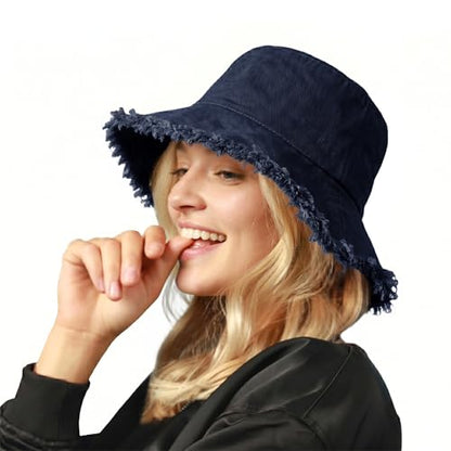 CHOK.LIDS Frayed Bucket Hat Washed Cotton Floppy Wide Brim Boonie Cap - color: Indigo Denim
