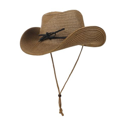 Unisex Straw Cowboy Hat Wide Brim Western Sun Hat Adjustable Beach Cowgirl Hat for Summer Outdoor Sun Protection - color: Khaki Color, Leather Hat Strap