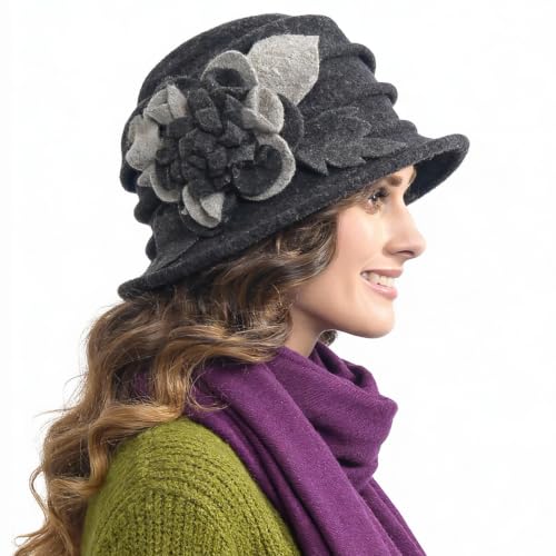 Vintage Women Floral Wool Dress Cloche Winter Hat 1920s - color: C020-d-dark Grey