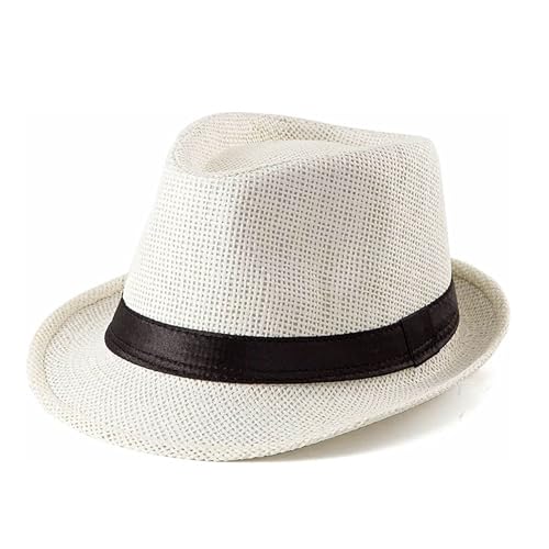 Straw Fedora Hat for Men Panama Hat Short Brim Summer Sun Hat - color: Black Belt-cream
