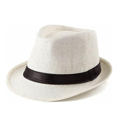 Straw Fedora Hat for Men Panama Hat Short Brim Summer Sun Hat - color: Black Belt-cream