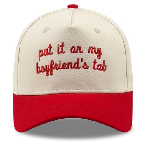 Funny Embroidered Trucker Hat, Vintage Two-Tone Cotton Baseball Cap for Men Women, Adjustable Dad Hat Gift Idea - color: Put It on My Boyfriend's Tab, Red/Beige