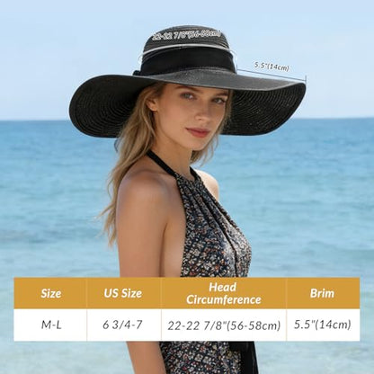 Oweisong Sun Beach Hats for Women Trendy Summer Vacation Straw Hat Boho Bow Wide Brim Packable Hat - color: Black