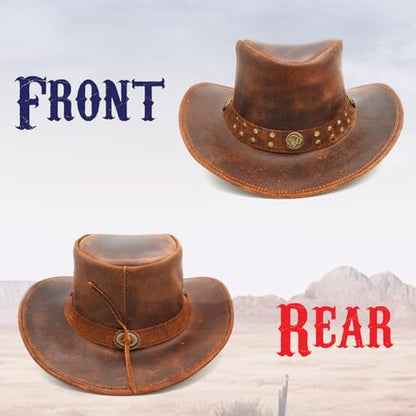 Equine Care Leather Cowboy Hat for Men & Women, Genuine Leather Western - color: Distressed Brown, size: 7 1/4-7 3/8