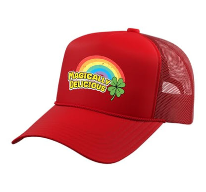 St Patricks Day Magically Delicious Saint Paddys Men Women Trucker Hat with Adjustable Mesh Back - color: Red