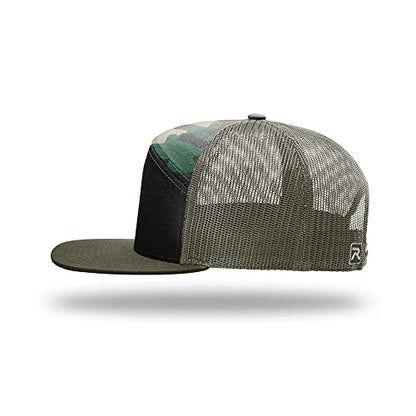 Richardson 168 Hi-Pro 7 Panel Adjustable Snapback Trucker Mesh Back Cap - color: Black/Green Camo/Loden
