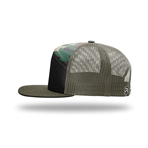 Richardson 168 Hi-Pro 7 Panel Adjustable Snapback Trucker Mesh Back Cap - color: Black/Green Camo/Loden