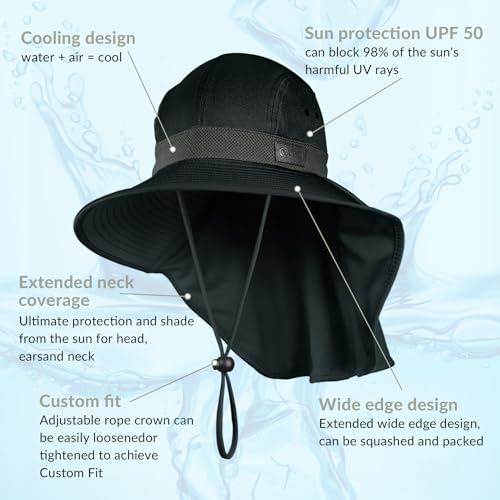 Sukeen Cooling Sun Hat for Men Women UPF50+ Wide Brim Fishing Hat with Neck Flap Adjustable Foldable Bucket Hat for Hiking - color: Black