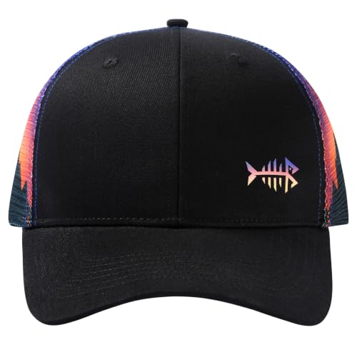 BASSDASH Printed Mesh Trucker Hat for Men Women Adjustable Baseball Cap Fishing Camping Outdoors Sporting Hat with Snap FH20 - color: Black/Sunset, style: Regular