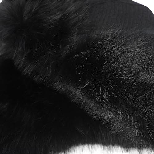 Winter Fuzzy Knit Trapper Hat with Faux Fur Earflap Fleece Lined Windproof Russian Ushanka Cap Ski Snow Hunting Hat - color: Black