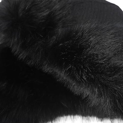 Winter Fuzzy Knit Trapper Hat with Faux Fur Earflap Fleece Lined Windproof Russian Ushanka Cap Ski Snow Hunting Hat - color: Black