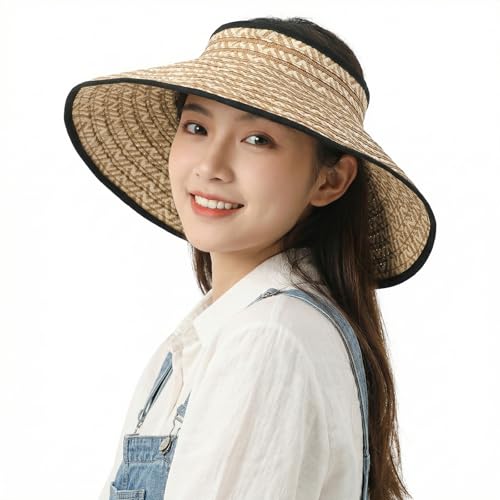 Womens Foldable Straw Sun Hat Wide Brim Adjustable Roll Up Visor Hat Woven Packable Summer Beach Hat Travel Vacation Holiday - color: Oatmeal With Black Trim