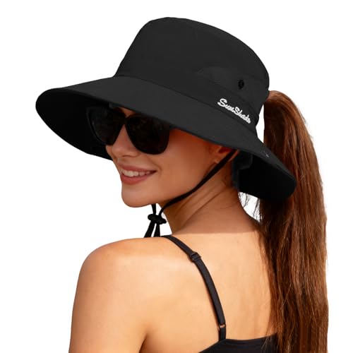 ZOORON Women's Ponytail Safari Sun Hat,Wide Brim UV Protection Bucket Hat - color: 1-black