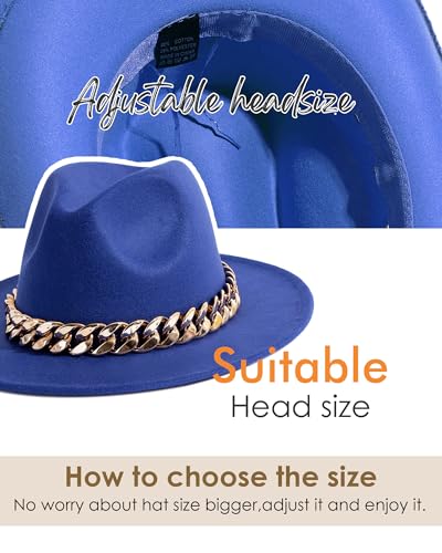 Men & Women Wide Brim Fedora Hat with Chain Buckle - color: Chain Belt-royal Blue
