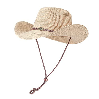 Straw Cowgirl Hat for Women Cowboy Hats for Men Wide Brim Sun Hat Shapeable Western Hat Beach Hat - color: Beige