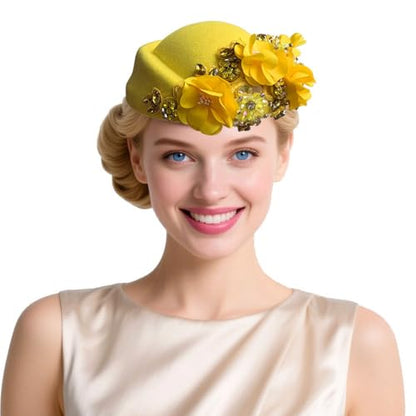Women's Retro British Felt Headscarf Hat Church Derby Headdress with Floral Women's Soft Beret - color: Yellow