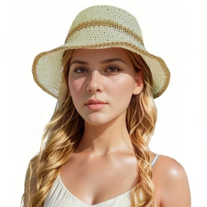 Floppy Big Beach Straw Hats for Women Foldable Summer Wide Brim Packable Sun Hat Womens Travel Straw Fedora Hat - color: Beige-khaki
