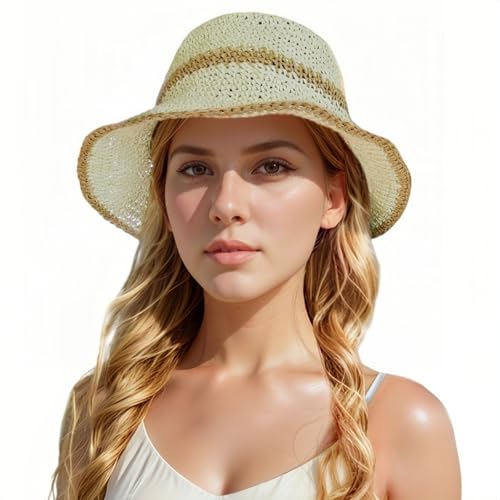 Floppy Big Beach Straw Hats for Women Foldable Summer Wide Brim Packable Sun Hat Womens Travel Straw Fedora Hat - color: Beige-khaki