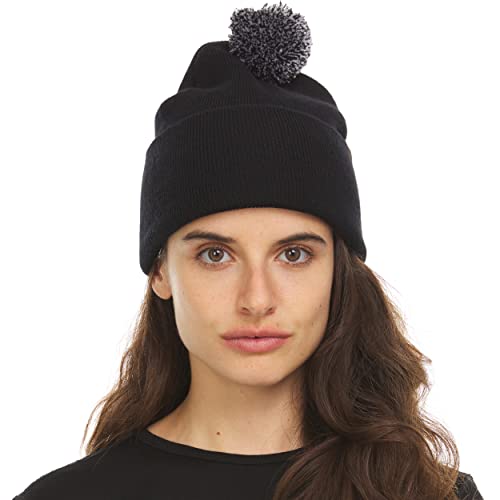 100% Merino Wool - Midweight Cuff Pom Beanie - Winter Pom Pom Hat - color: Black With Ash Gray and Black Pom