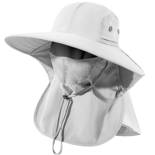Mens Women Fishing Hat UPF 50+ Wide Brim Sun Hat with Face Cover & Neck Flap - color: Light Gray