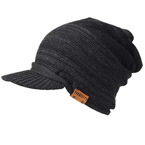 Ruphedy Mens Beanie with Brim Winter Hat Knitted Thick Fleece Visor Beanie - color: B319-grey