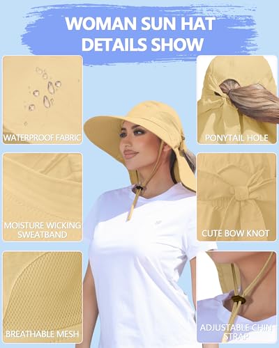Womens Sun Hat Outdoor UV Protection Wide Brim Fishing Hat with Ponytail Hole Neck Flap for Beach Hiking Camping - color: Sun Hat-khaki