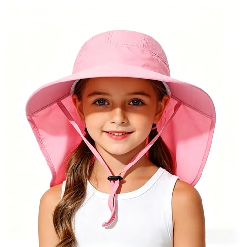 Ponytail Hole Kids Sun Hat with Neck Flap UV Protection Wide Brim Safari Hat for Boys Girls Breathable Mesh 6-12T - color: Pink