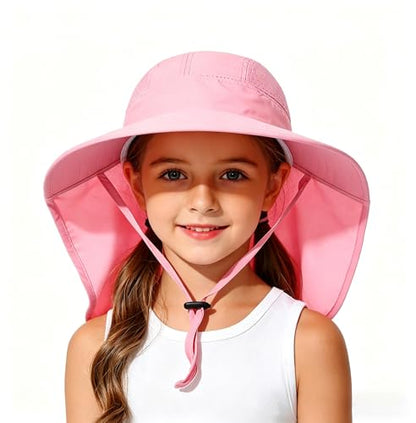 Ponytail Hole Kids Sun Hat with Neck Flap UV Protection Wide Brim Safari Hat for Boys Girls Breathable Mesh 6-12T - color: Pink