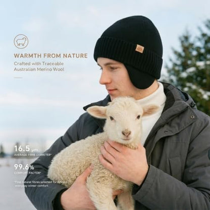 Winter Beanie Hat Ear Flaps Waterproof Merino Wool Fleece Men Women - color: Navy, size: Medium-Large