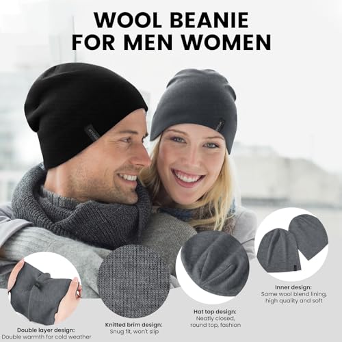 Wool Blend Thin Beanie for All Season, 2 Pack Lightweight Slouchy Knit Beanie Hats Sleep Cap - color: Black/Graphite