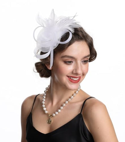 SAFERIN Women's Fascinators Feathers Tea Party Hat Veil Headband with Hair Clip for Cocktail Church - color: M-white