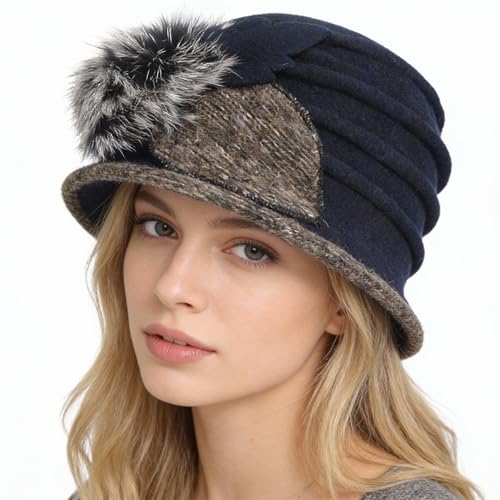 Women's Wool Dress Church Cloche Hat Bucket Winter Floral Hat - color: Navy