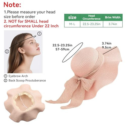 Women Floppy Sun Hat with Wide Brim, Foldable Roll-Up Straw Beach Hat Summer Hat for Travel - color: Pink