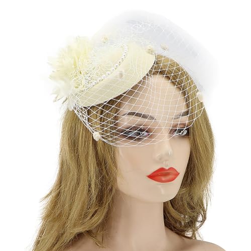 Fascinator Pillbox Hat for Women, Feather Flower Pearls Hair Headwear Veil - color: Beige