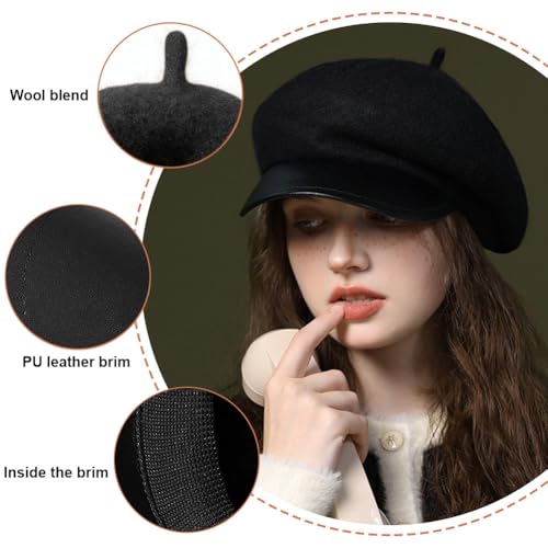 Women Classic Wool Blend Berets Elegant Flat Beret Caps Retro Peaked Cap Hats Autumn Winter Hat Solid Color - color: Black