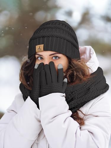 LOROME Winter Beanie Hat Scarf Gloves, Warm Fleece Knit Neck Scarf Set Gift - color: Dark Gray