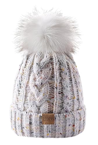 REDESS Women Winter Pompom Beanie Hat with Warm Fleece Lined Thick Slouchy Snow Knit Hat Skull Ski Cap - color: Dot White