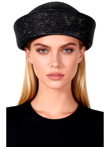 Straw Pillbox Hats for Women Ladies Vintage Wedding Formal Church Tea Party Cocktail Hat - color: Black