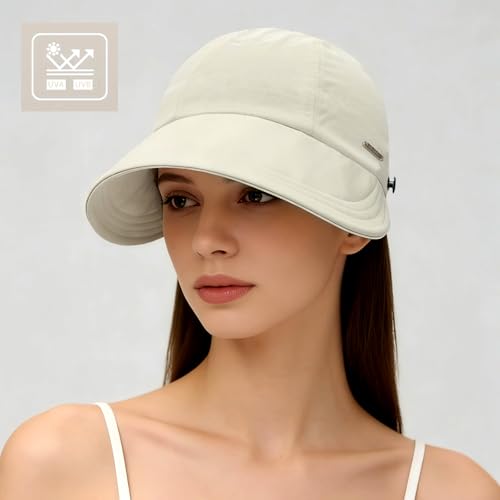 UPF 50+Womens Sun Hat UV Protection Hiking Fishing Hats Wide Brim Hat Adjustable Ponytail Packable Sun Cap - color: Beige