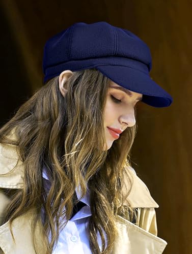 Women’s Newsboy Cap Wool Blend Retro Solid Color Girls Fashion Gatsby Cabbie Visor Beret Hat - color: Navy