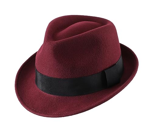 Home Prefer Men's Wool Felt Winter Hat Short Brim Fedora Hat - color: Burgundy, size: 7 3/8