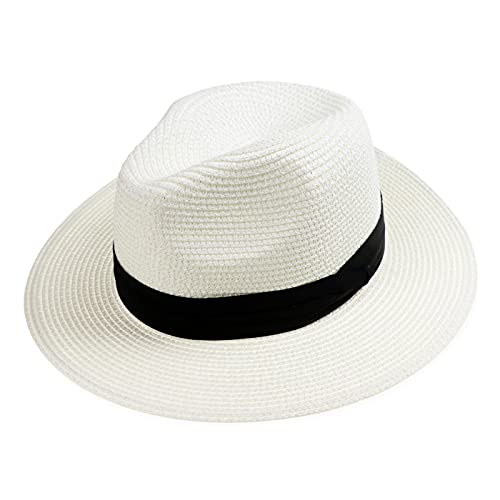 AQOKKA Summer Straw Fedora Hat for Women Men Travel Panama Hat with Wide Brim Roll Up Sun Hat for Beach Outdoor UPF 50+ - color: 1 Pack: Milky White a