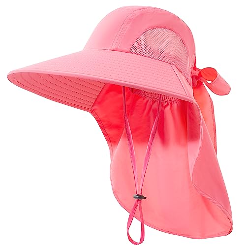 Womens Sun Hat UV Protection, Foldable Waterproof Wide Brim Bucket Hats with Neck Flap for Summer Beach Fishing Hiking - color: Rose