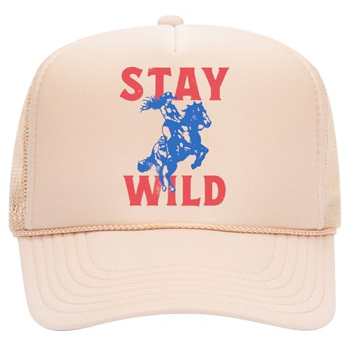 Stay Wild Trucker Hat | Vintage Cowboy Cowgirl Western Funny | Premium Mesh Foam Snapback Hat for Men & Women - color: Tan