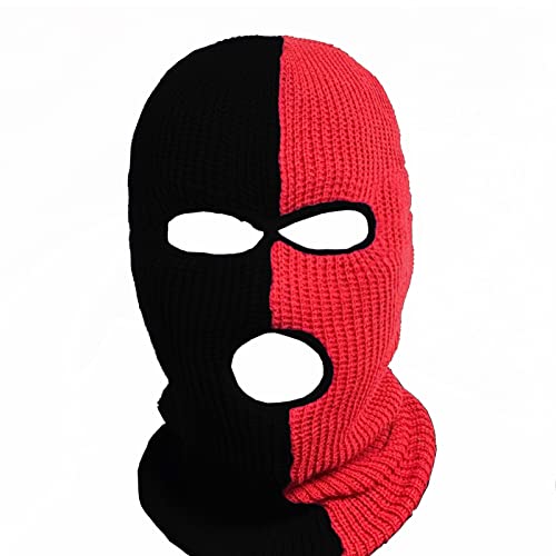 3-Hole Two Color Knitted Hat Ski Mask Balaclava, Full Face Mask for Cycling/Skiing Winter Outdoor Sports - color: Black+red