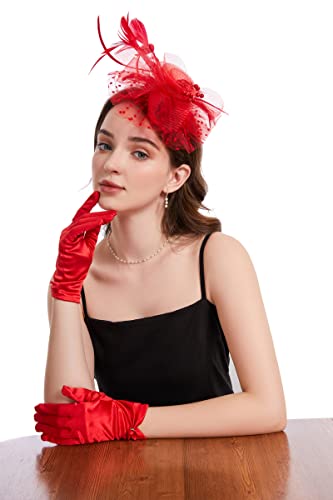 GurZinn Fascinator Hat Veil Feather Fascinator Tea Party Bridal Wedding Veil Pillbox Hat - color: C-red Hat&glove
